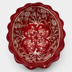 Vintage AIBA Mexico Red Hand Painted Pottery Bowl Scalloped Floral 5.25”