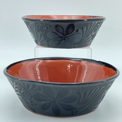 MEXICAN Clay Bowls Set of 2 Black Terracotta Floral Serving Handmade NEW 7in