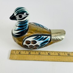 3 Vintage Tonala Mexican Folk Art Pottery Bird Figurines Brass Armored Ducks