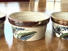 Mexican Tonala Pottery Bowl, Blue Brown Glaze, Bird , Mexico Set Of 4