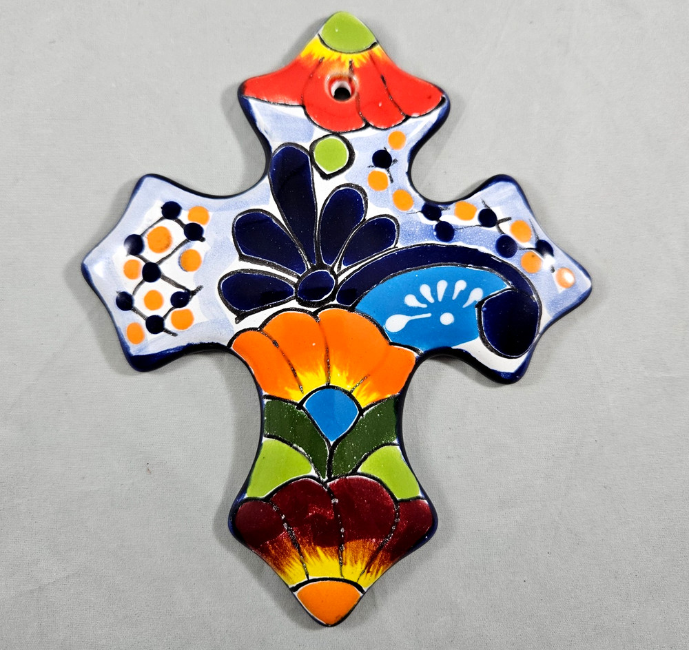 Talavera Hand Painted Sm Cross Cruz Roquera Chica Mexican Folk-Art Clay Floral