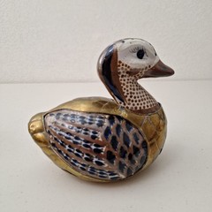 Vintage Mexican Tonala Pottery & Brass Duck Bird Handpaint Sculpture 7″ x 6″