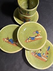 Lot Vintage 1940s Green Mexican Tlaquepaque Tonala Cups Saucer Plates Redware