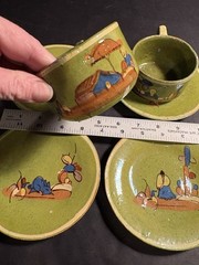 Lot Vintage 1940s Green Mexican Tlaquepaque Tonala Cups Saucer Plates Redware