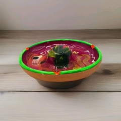 VTG Red Clay Pottery Hat Shape Ashtray Purple Green Cancun Mexico Sombrero 4″D