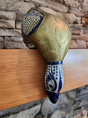 Vintage Mexican Pottery Folk Art Shelf Sitter Diving Duck Bird Armored Brass