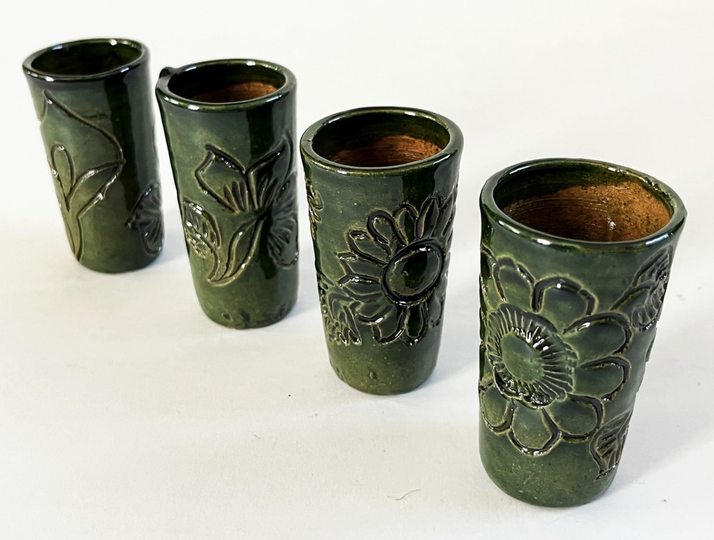4 MEXICO OAXACA ATZOMPA CERAMIC CLAY BARRO LOZA VERDE GREEN MEZCAL CUPS COPITAS