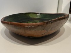 Mid Century Michoacan Patamban Pottery Charger Plate Green Brown Glaze 12.5″