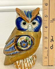 VINTAGE TONALA MEXICAN FOLK ART CERAMIC AND BRASS OWL