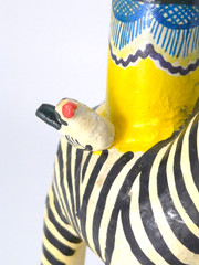 Vintage Mexican Folk Art Candle Holder Handmade Zebra Birds Clay Pottery Large