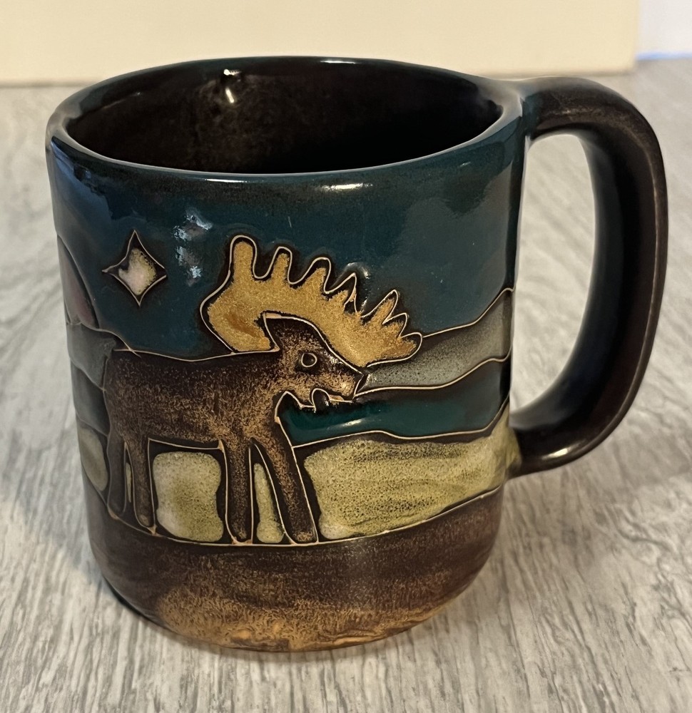 Mara Stoneware Moose Coffee Mug Large 16 Oz Made in Mexico Pottery Blue Brown