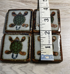 Set Of 4 Tonala Mini Pottery Tiles 2” Square Turtles Green & Brown Hand Painted