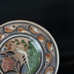 Vintage Mexico Pottery Plate Hand Painted Bird Floral Burnished Clay 8.5″