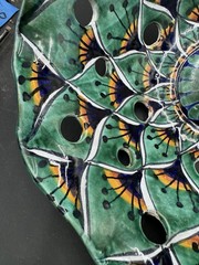 Hand Crafted Mexican Art Pottery Lamp Shade Blues Greens Talavera ? 9″ d x 4″