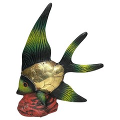 Art Pottery Fish Statue Brass Scales Hand Painted SET OF 2 Angelfish Swordfish