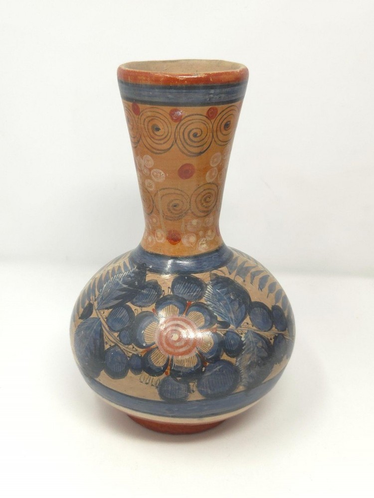 Vintage Barro Bruñido/Burnished Tonala Pottery Vase, Blue Floral on Red Clay
