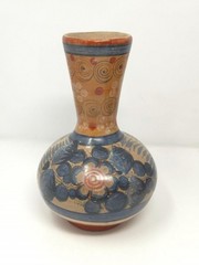 Vintage Barro Bruñido/Burnished Tonala Pottery Vase, Blue Floral on Red Clay