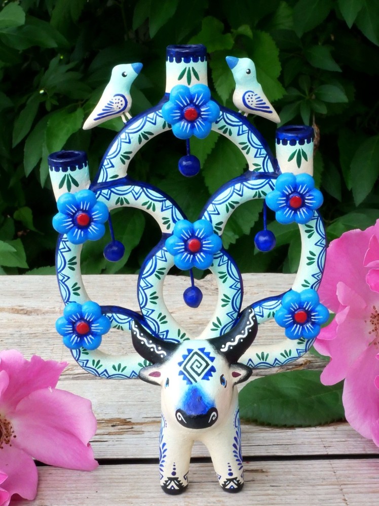 Tree of Life Candelabra Bull Birds Flowers Handmade Clay Mexico Folk Art Tiny Sz