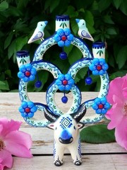 Tree of Life Candelabra Bull Birds Flowers Handmade Clay Mexico Folk Art Tiny Sz