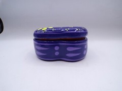 Terracotta Heart Shaped Mexican Folk Art Pottery Blue Trinket Box Hand Painted