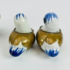 3 Vintage Tonala Mexican Folk Art Pottery Bird Figurines Brass Armored Ducks