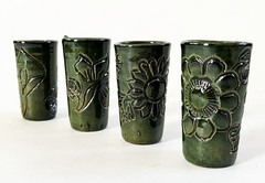 4 MEXICO OAXACA ATZOMPA CERAMIC CLAY BARRO LOZA VERDE GREEN MEZCAL CUPS COPITAS