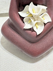Delicate Tonala Mexico Folk Art Pottery with Lillies symbolize Purity & Rebirth.