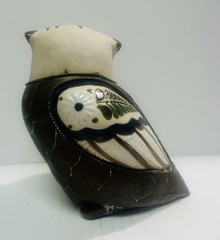 Vintage Tonala Style Mexican Pottery With Armour Brass Scale Owl Figurine