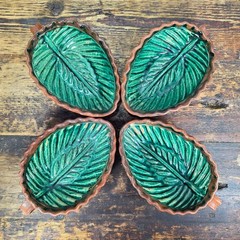 Set of 4 Vintage Patamban Barro Verde Leaf Bowls Green Glazed Mexican Pottery