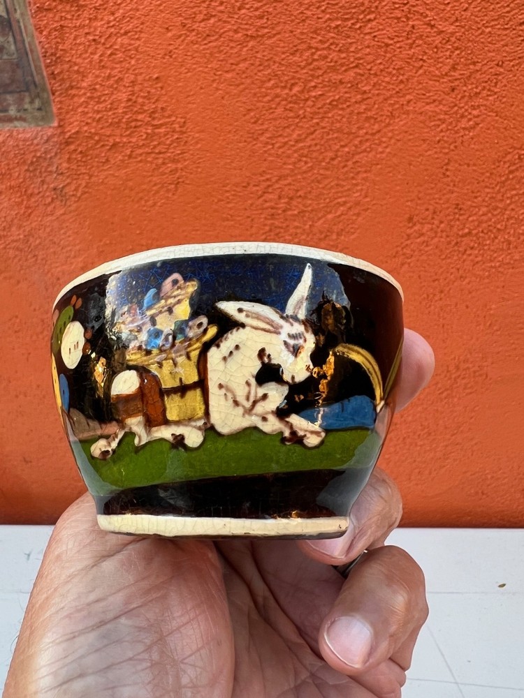 Vintage Mexican Tlaquepaque black cup w/white donkey 3 1/2″ diam.