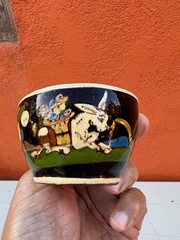 Vintage Mexican Tlaquepaque black cup w/white donkey 3 1/2″ diam.