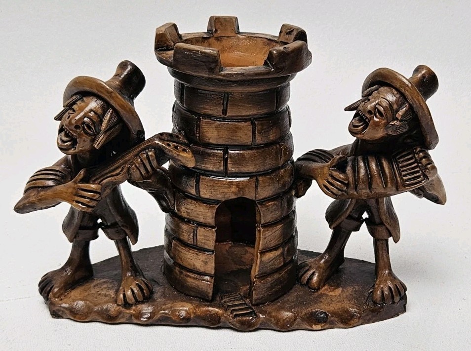 Vintage Folk Art Pottery Men Playing Music Pen holder Figurine Sculpture