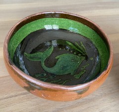Set of 2 – Fish Folk Art Terracotta Pottery Bowls – 6.5” – Mexico – Signed A.C.