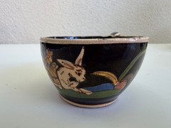 Vintage Mexican Tlaquepaque black cup w/white donkey 3 1/2″ diam.