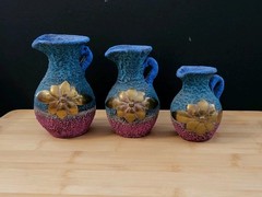 Vtg Black Clay Sand Terracotta Pottery Vase Copper/Brass Flower Trio Of Pitchers
