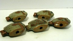 5 Vintage Fish Figurines Folk Art Pottery Hand Painted Gray Green MM