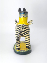 Vintage Mexican Folk Art Candle Holder Handmade Zebra Birds Clay Pottery Large
