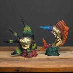 Art Pottery Fish Statue Brass Scales Hand Painted SET OF 2 Angelfish Swordfish