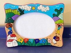 MEXICO Picture Frame Table Top Hand-Painted VILLAGE SCENE 6×8″ Folk Art EUC