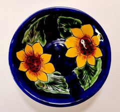 Set of 2 Mexican Pottery Signed Yellow Sunflower Bowls Cobalt Blue Oval & Round