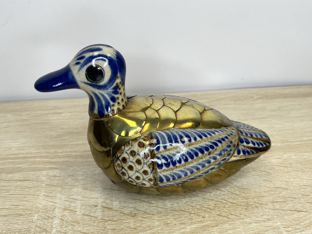 Vintage Tonala Mexican Gilt Brass & Pottery Duck Sculpture Folk Art