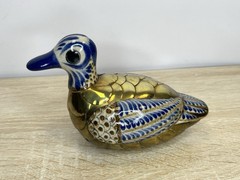 Vintage Tonala Mexican Gilt Brass & Pottery Duck Sculpture Folk Art