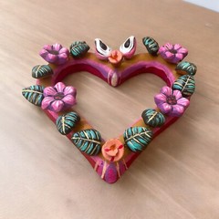 Heart with Flowers Tree of Life Style Handmade Clay Mexico 9 in wide