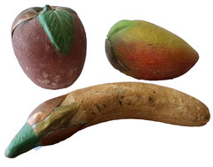 70s VTG Mexico Burnished Clay Fruit Apple Mango Banana Terracotta Brass Inlay HP