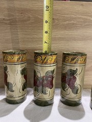 Set Of Six Mexican Pottery Tumblers /bud Vase Hand painted Floral (See Pictures