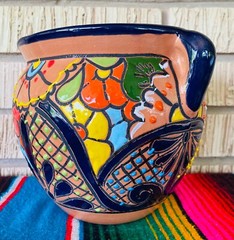 Lg MEXICAN TALAVERA Folk Art POTTERY FLOWER POT PLANTER CERAMIC #15