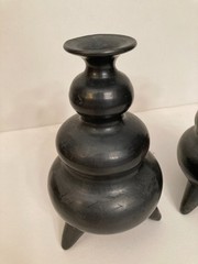 Oaxaca Mexican Folk Art Black Clay Pottery Footed Vase Pair Signed Lama