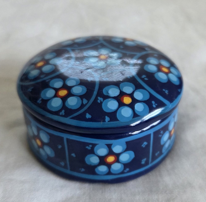 Vintage Blue Red Hand Painted Floral Glazed Terra Cotta Round Trinket Dish Lid