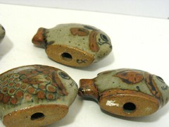 5 Vintage Fish Figurines Folk Art Pottery Hand Painted Gray Green MM