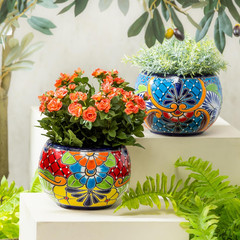Set of 2 7″ Talavera Green Ceramic Flower Pots for Indoor/Outdoor Plants
